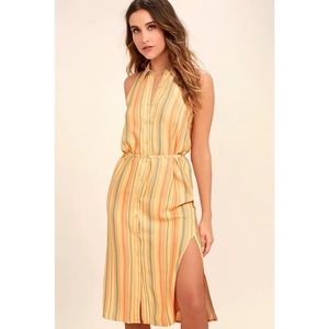 NWT lulus sunburst yellow striped button down tie waist midi slit dress
